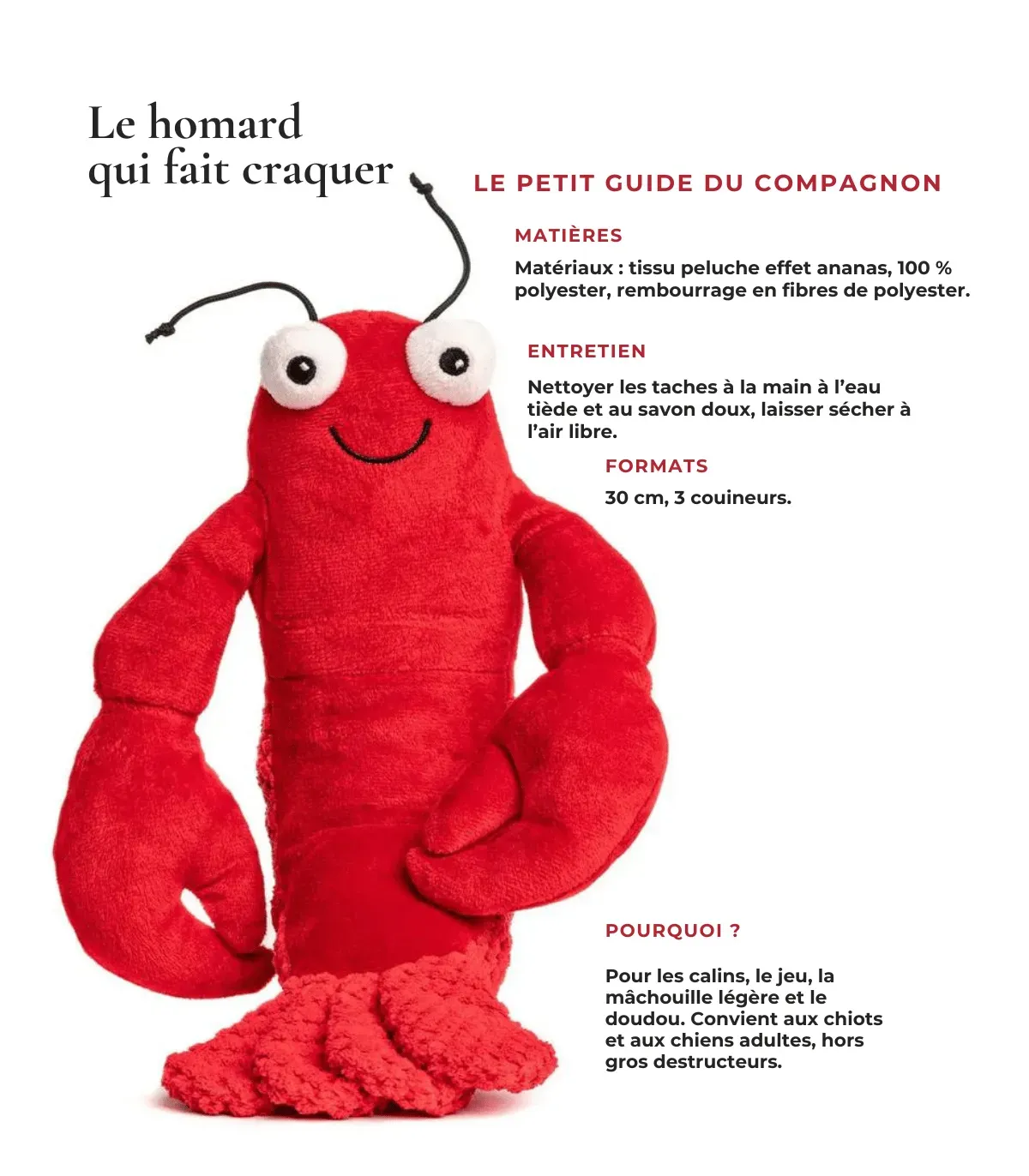 Peluche homard rouge pour chien couineuse, grande taille 30 cm, avec ses caractéristiques