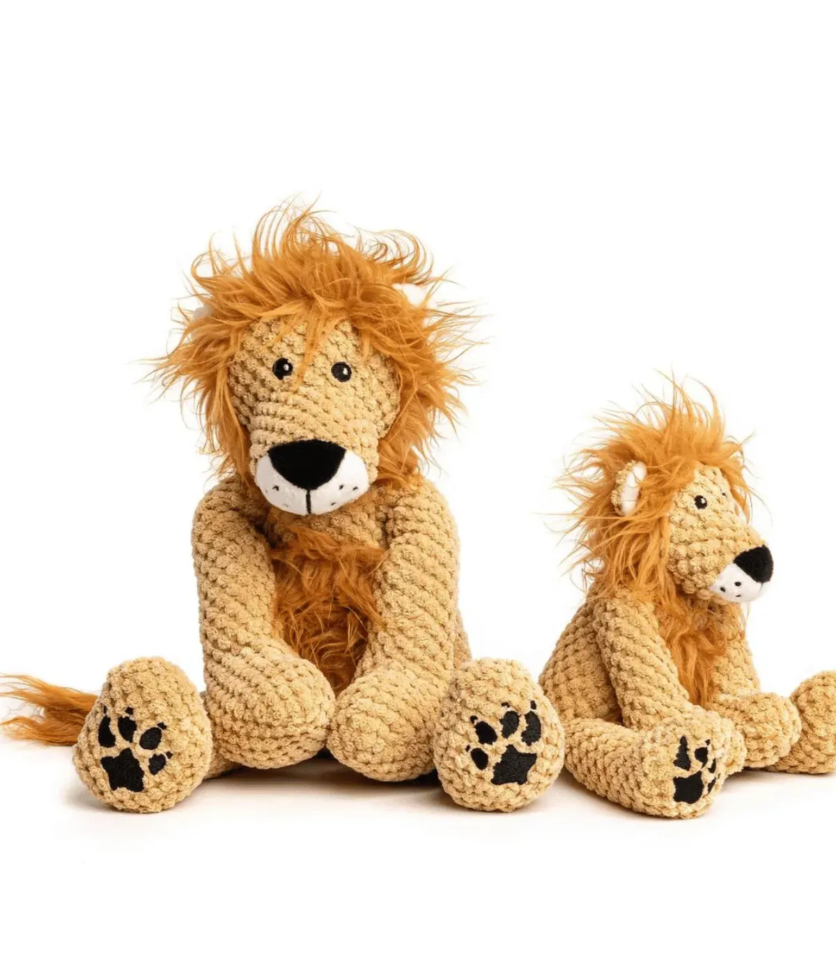 Peluche lion pour chien et son petit frère, assis sur fond blanc