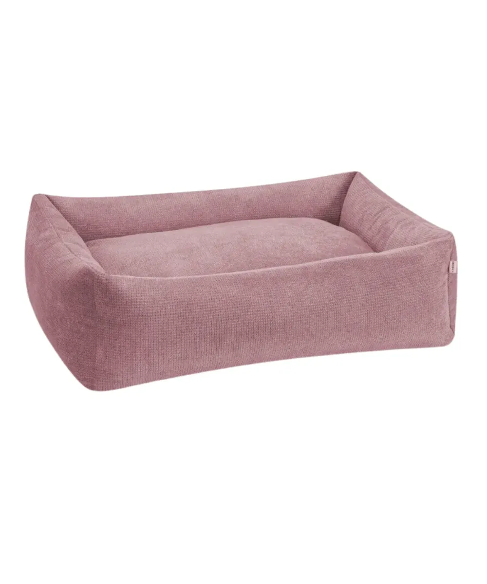 Lit pour chien design Tudor rose, vue de face, housse en tissu d'ameublement lavable