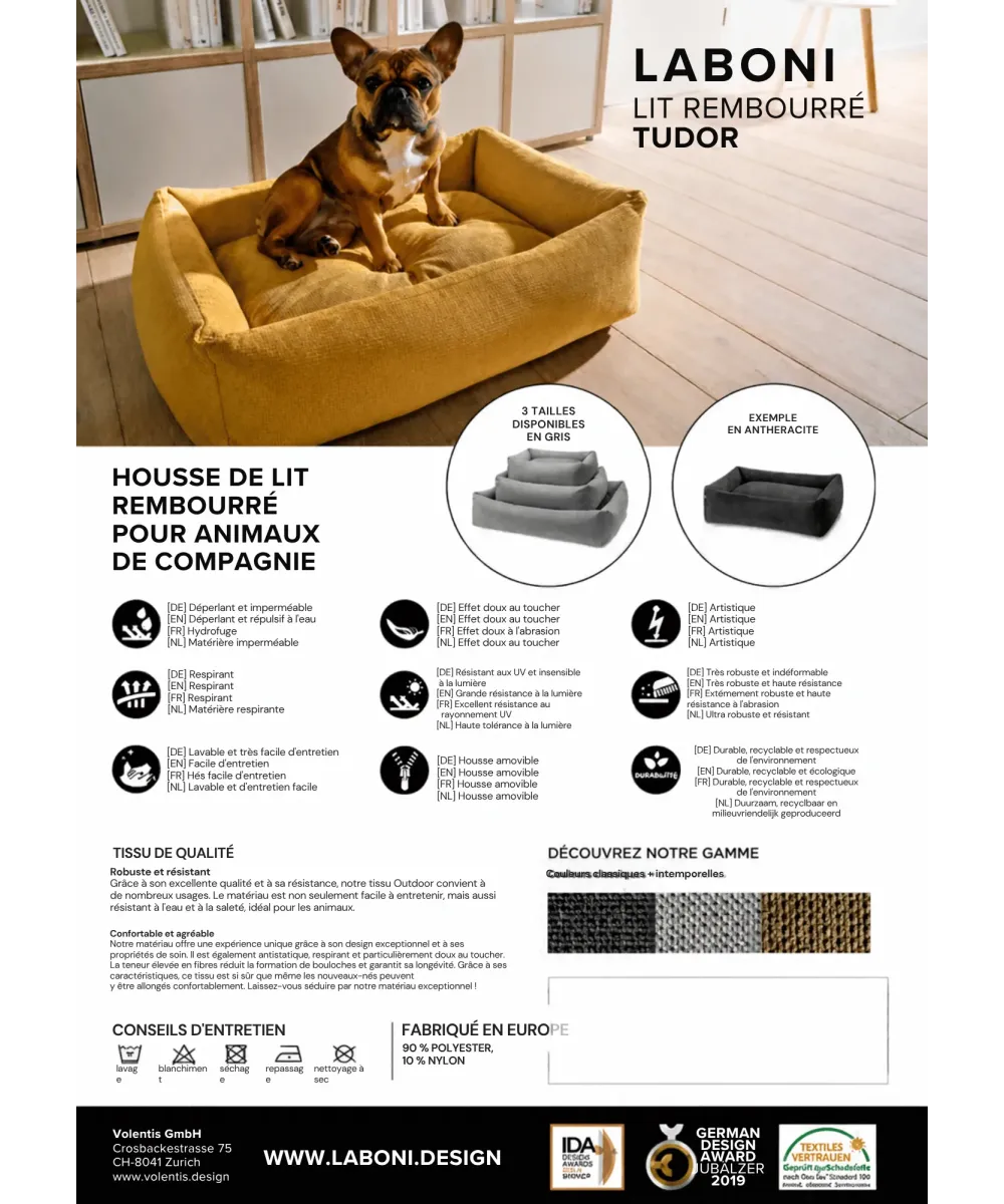 Fiche technique du lit pour chien Tudor : dimensions, matières et caractéristiques de confort