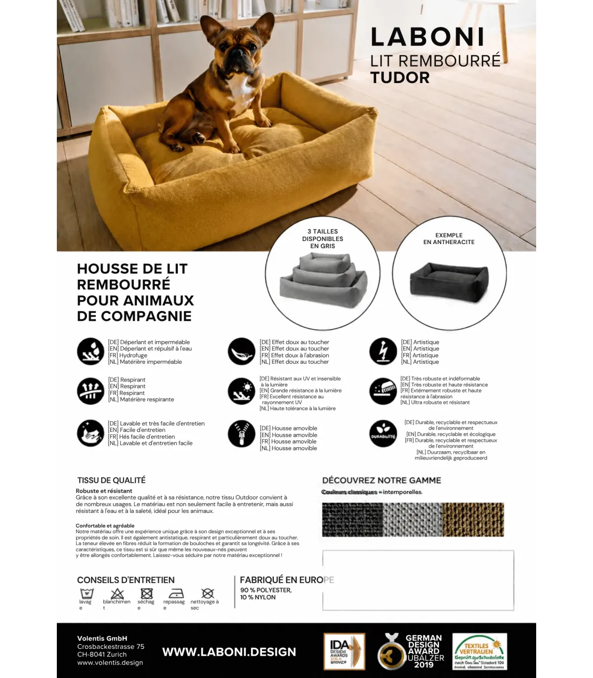 Fiche technique du panier pour chien Tudor : dimensions, matières et caractéristiques de confort