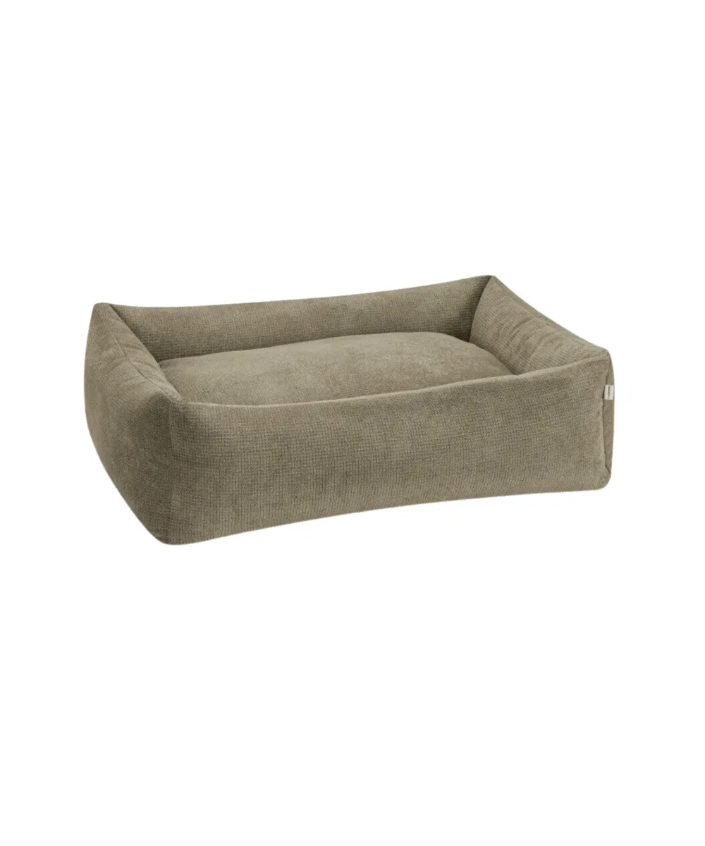 Panier pour chien orthopédique vert olive Tudor, vue de face, housse en tissu d'ameublement lavable