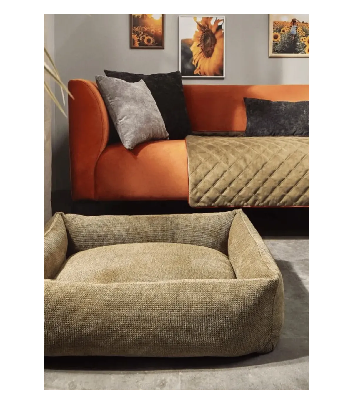 Panier pour chien vert olive Tudor installé dans un salon moderne devant un canapé orange