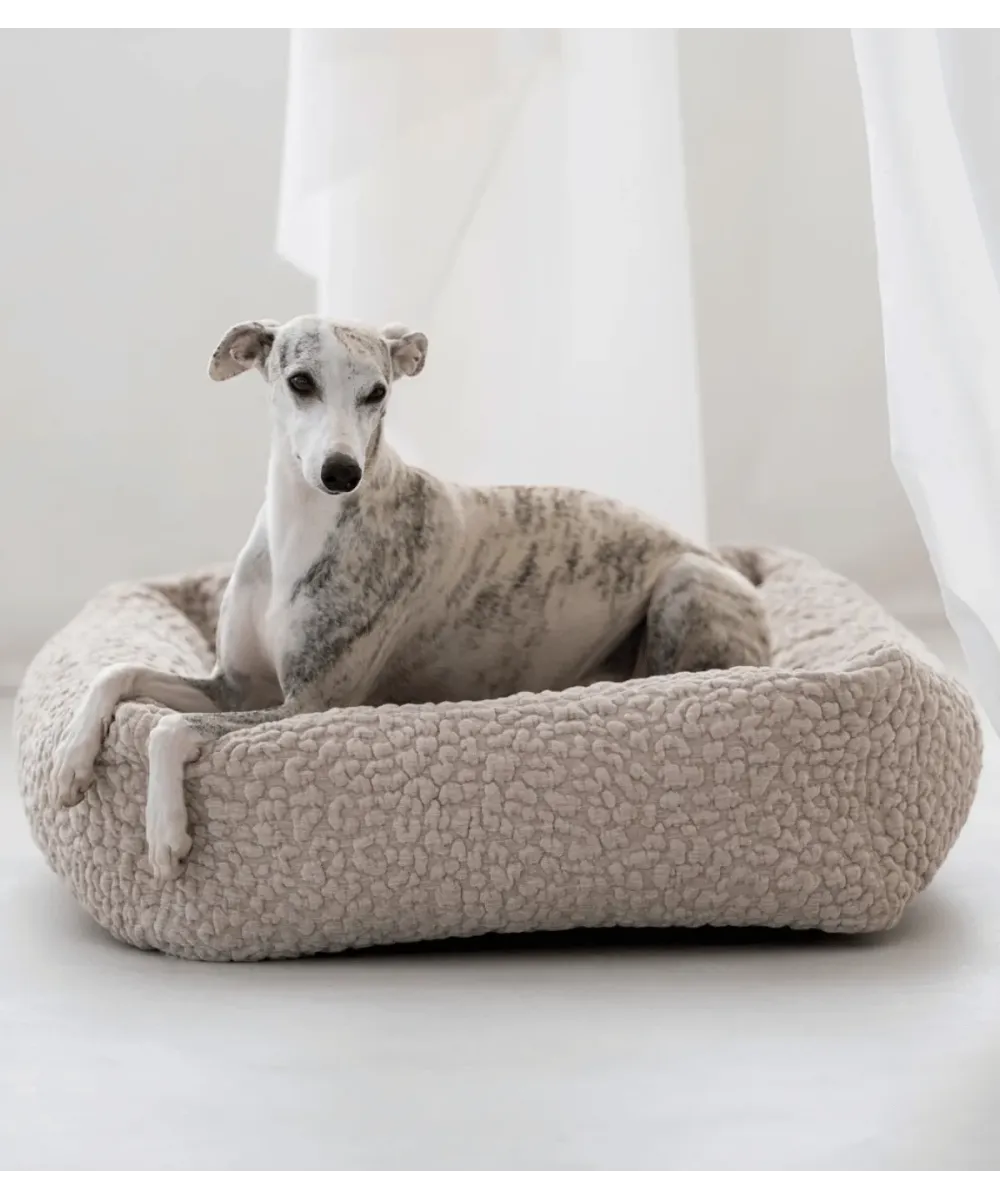 Lévrier whippet allongé dans un lit pour chien Bellagio beige à bords rembourrés