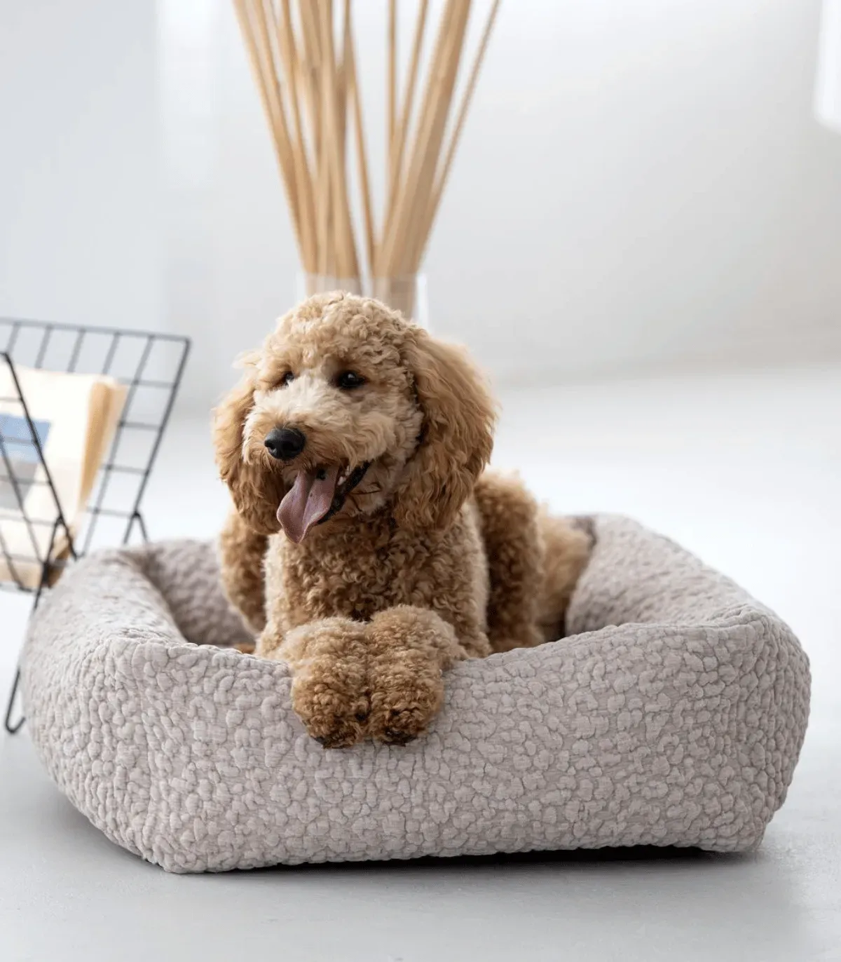 Chien abricot assis dans un lit pour chien Bellagio beige en tissu bouclé, vue de face
