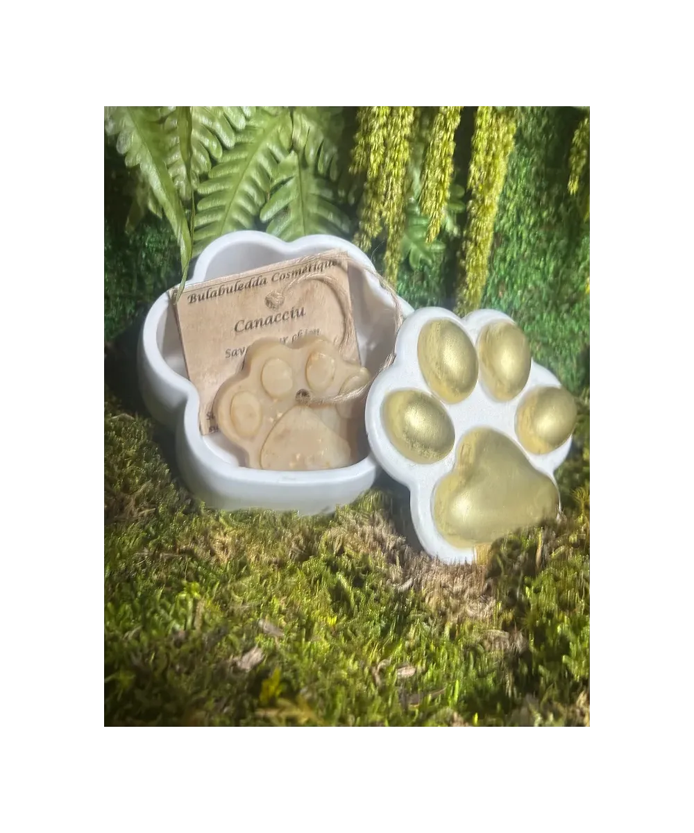 Écrin patte ouvert laissant voir son savon Canacciu artisanal pour chien et son emballage kraft, posé sur de la mousse