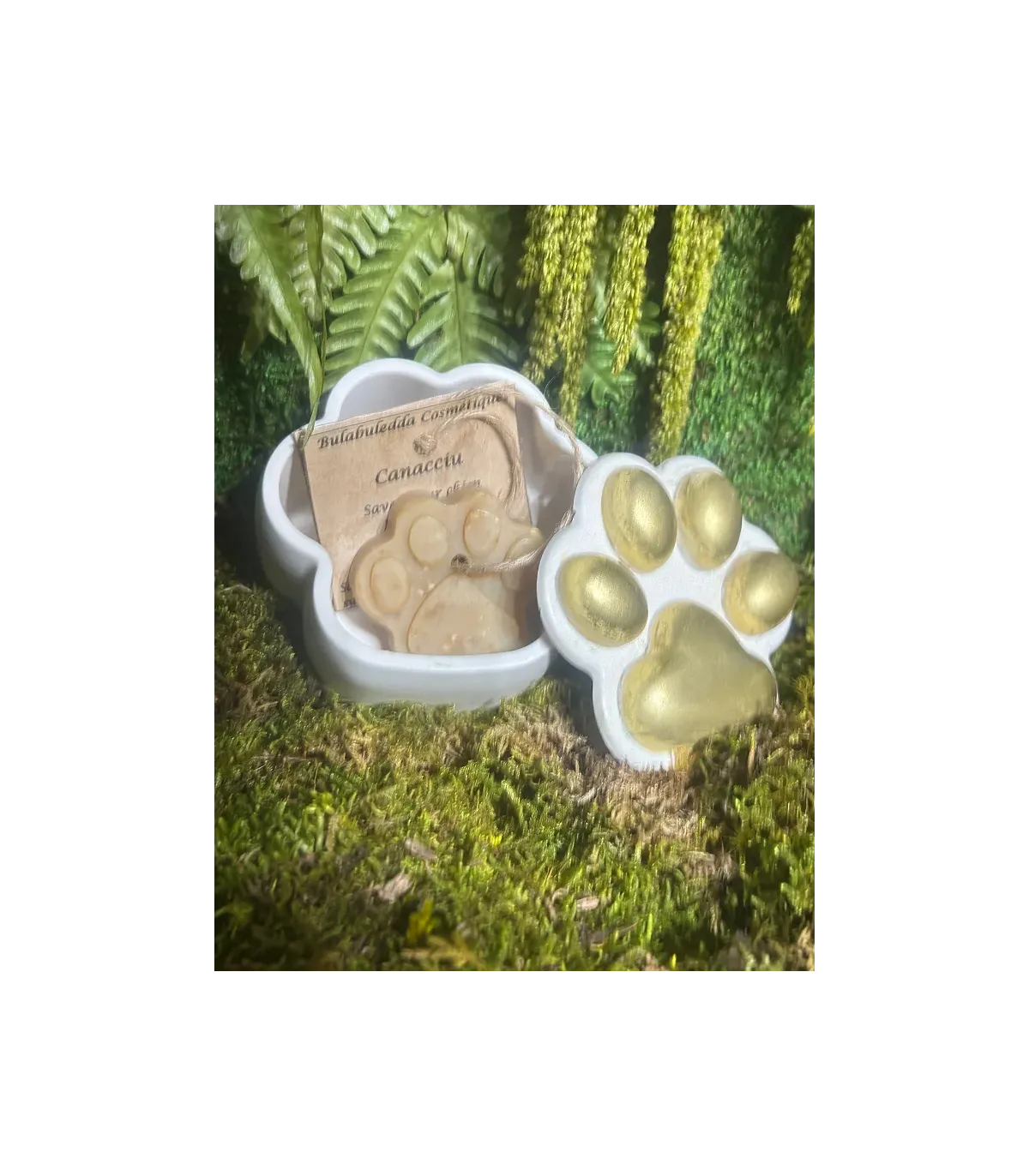 Écrin patte ouvert laissant voir son savon Canacciu artisanal pour chien et son emballage kraft, posé sur de la mousse