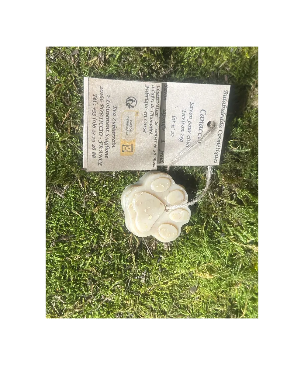 Savon Canacciu artisanal pour chien en forme de patte, devant ses étiquettes, posé sur de la mousse