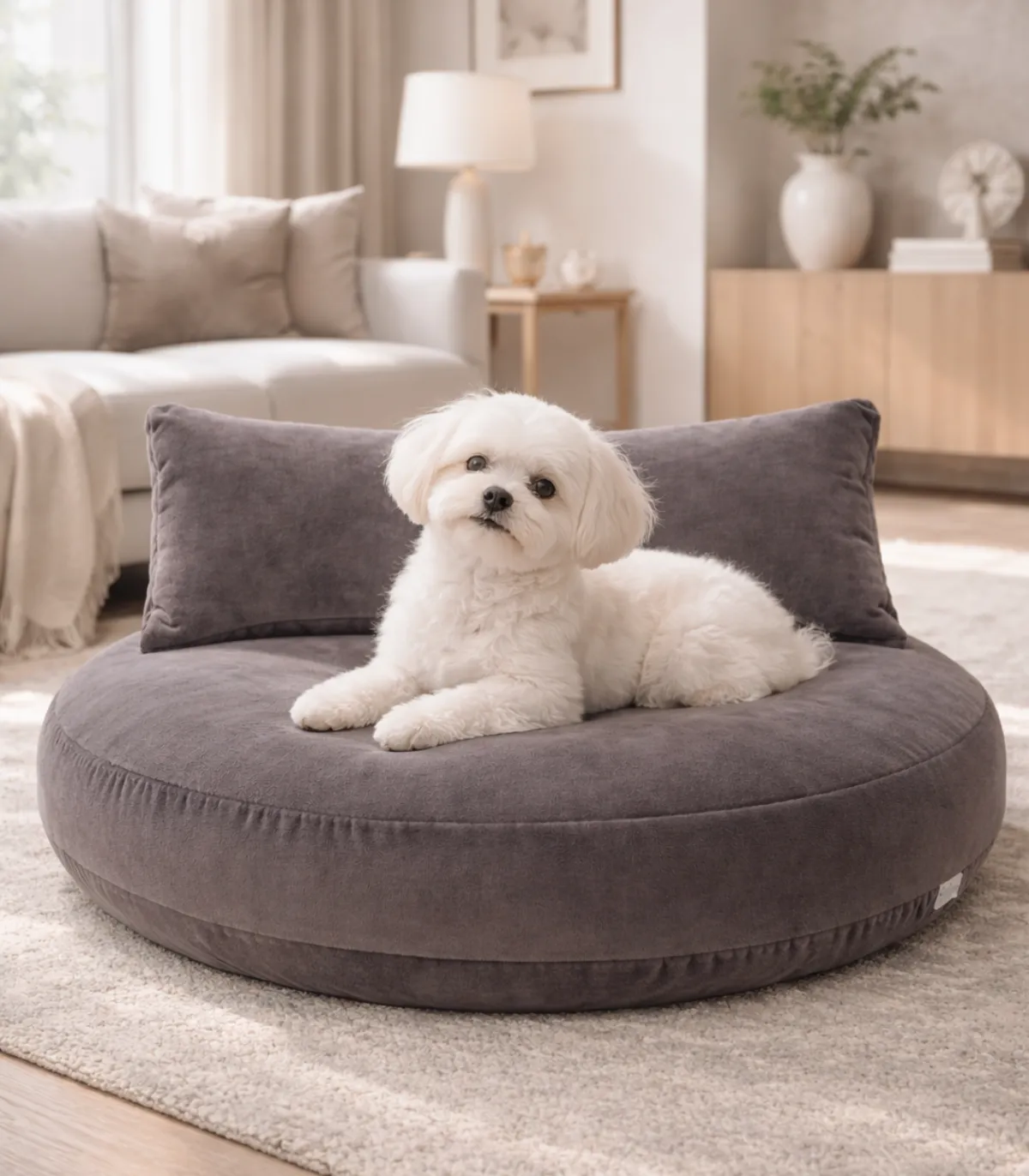 Coussin chien design Oxford Stone dans un intérieur contemporain