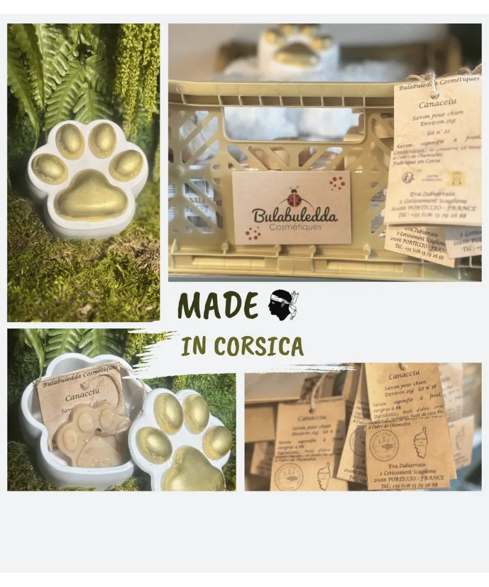 Montage de photos de l’écrin patte doré, de son savon et de son emballage kraft, avec la mention Made in Corsica
