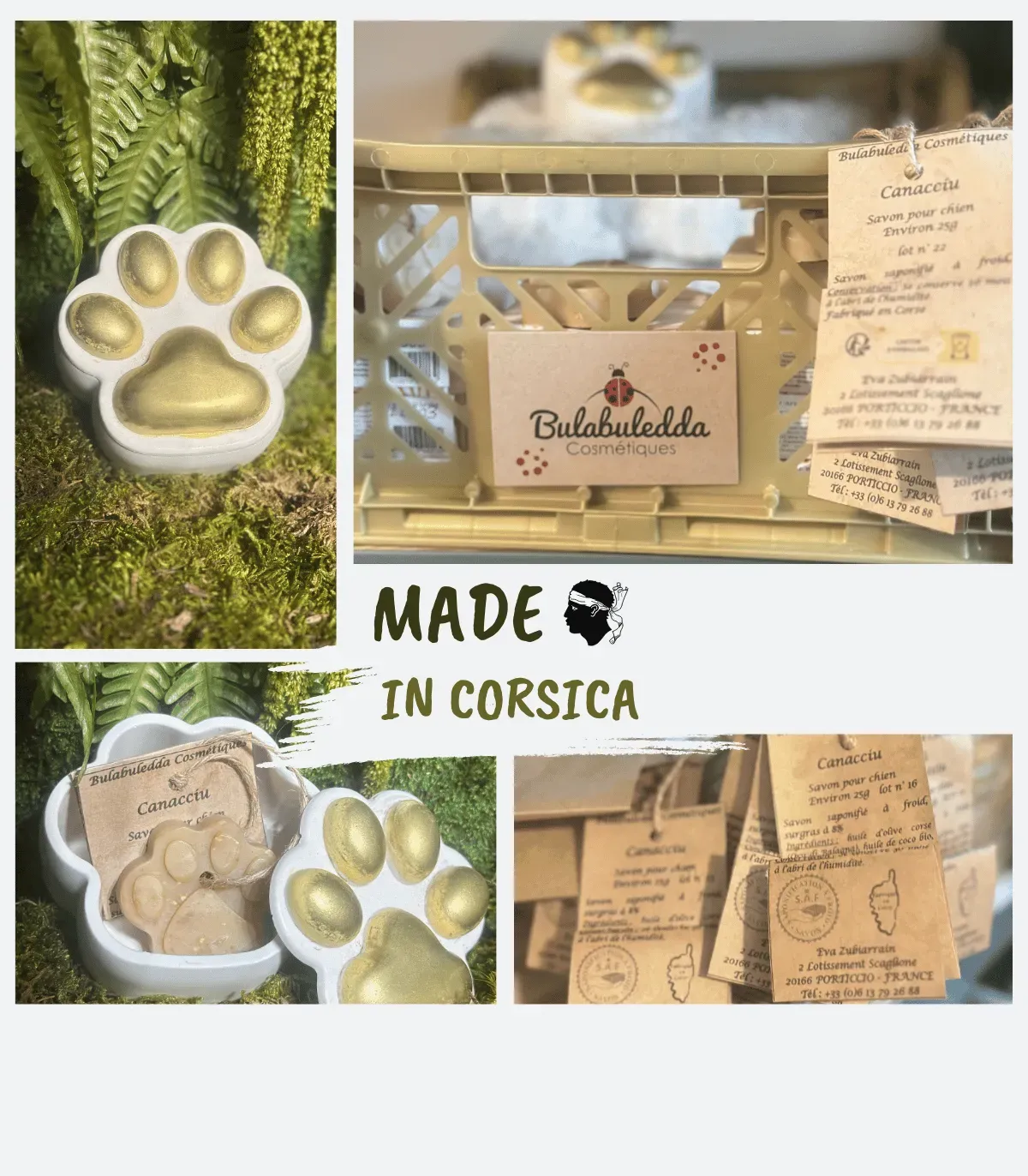 Montage de photos de l’écrin patte doré, de son savon et de son emballage kraft, avec la mention Made in Corsica
