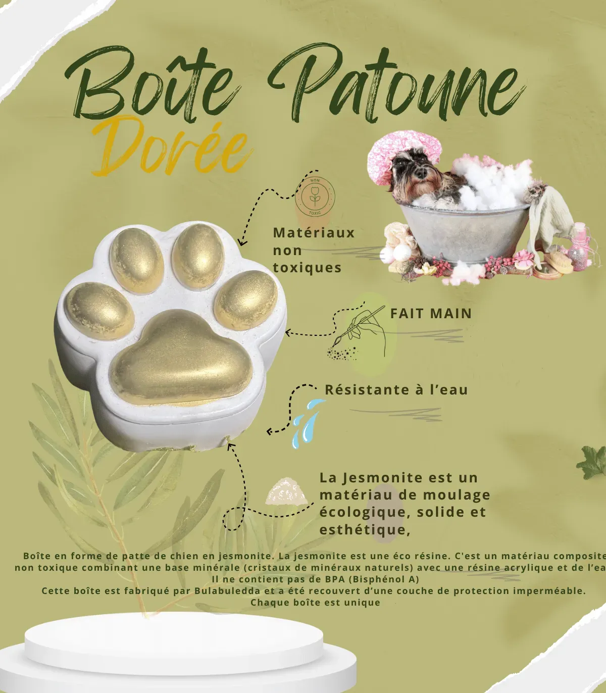 Fiche illustrée « Boîte Patoune dorée » : écrin patte doré posé à côté d’un bol de savon