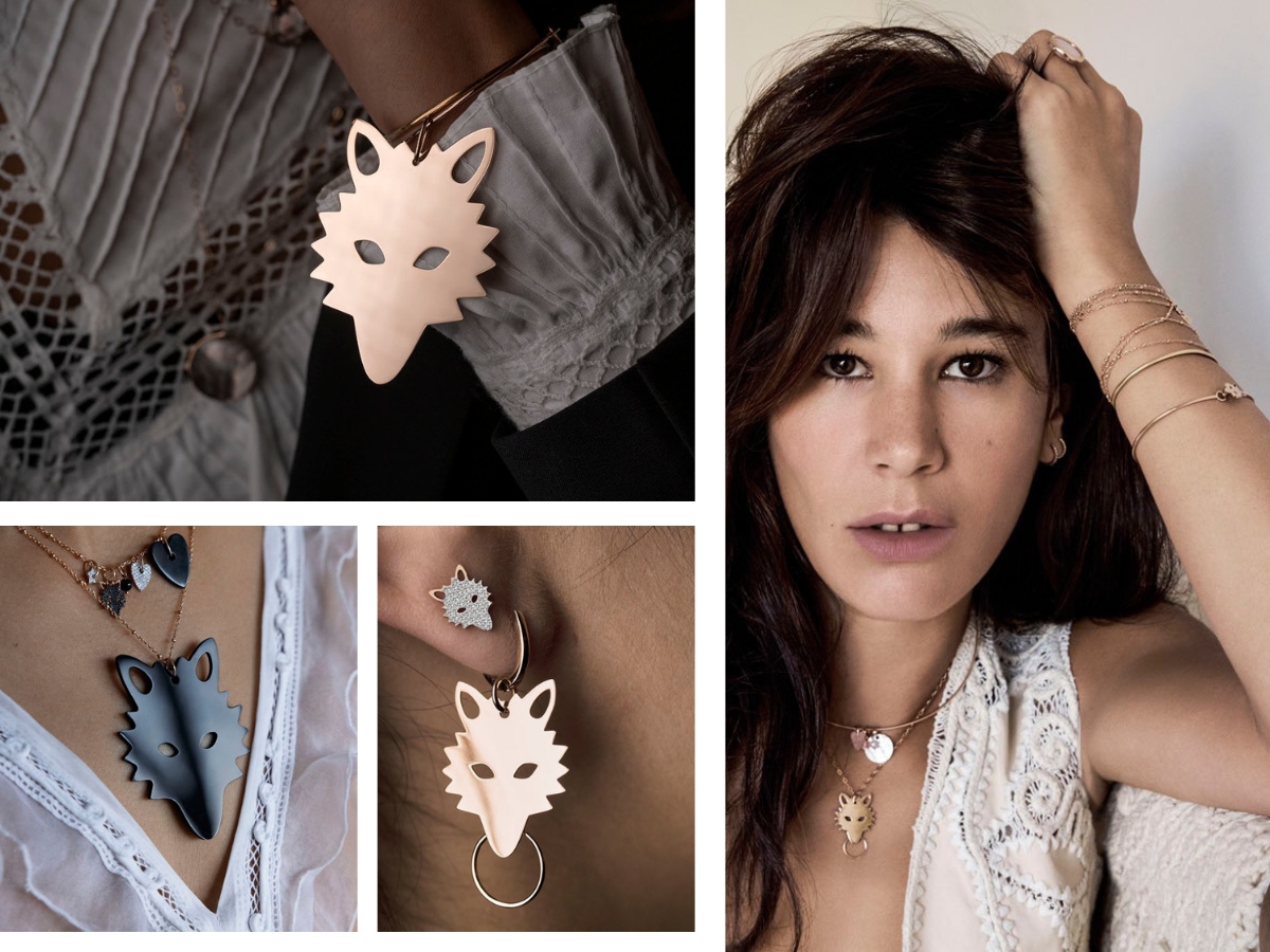 Pixie Martin et bijoux au motif tête de loup de la campagne GINETTE NY