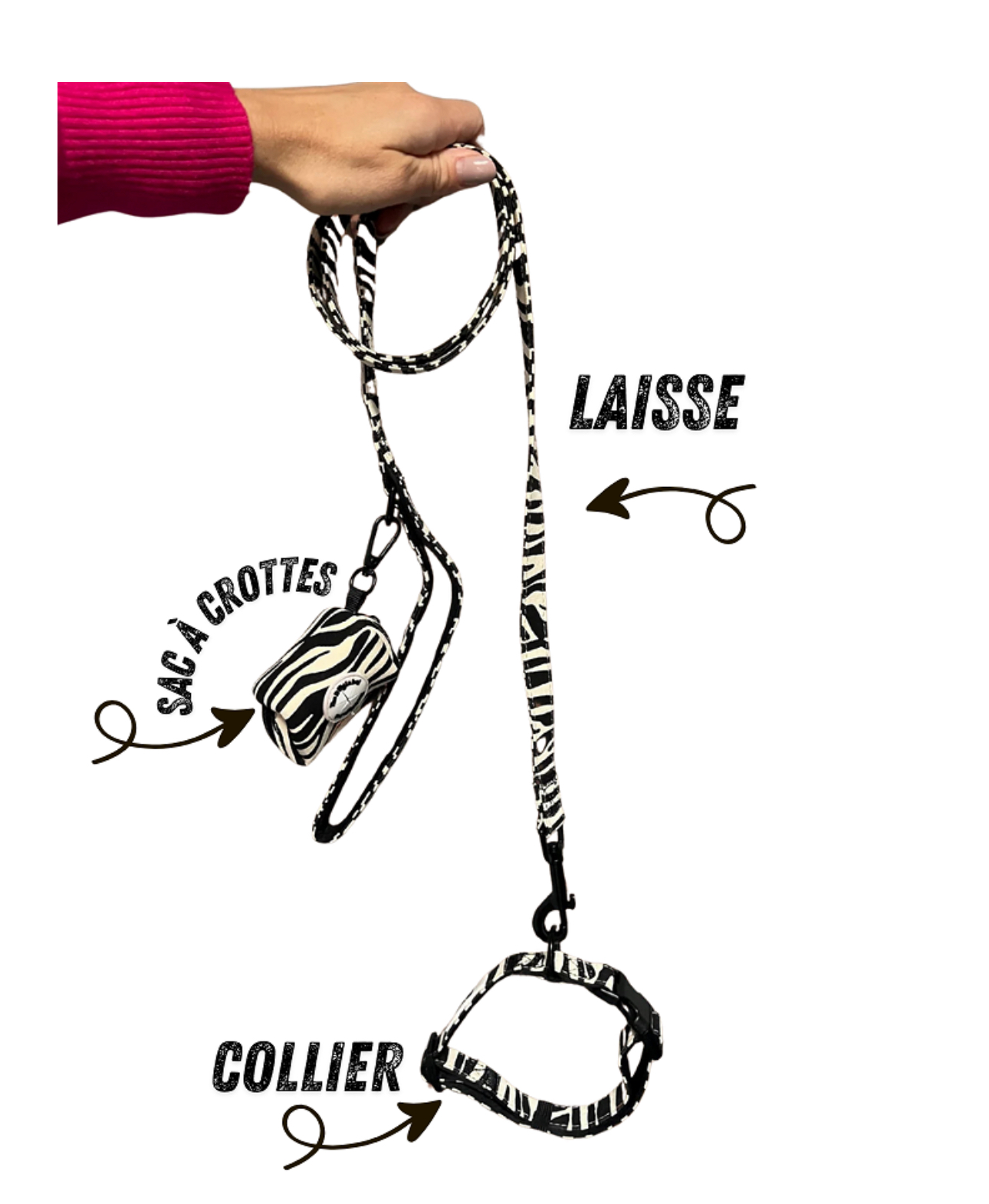 Ensemble collier, laisse, sac à crottes zèbre - Bella Concept Store Dog